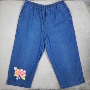 Erika Pants Womens XL Blue Denim Capri Elastic Waist Drawstring Pockets Casual